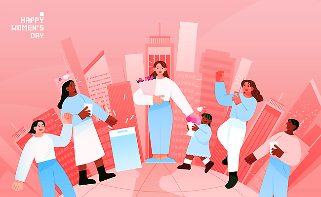 전신 여자 어린이 분홍색 꽃다발 일러스트 들기 소녀 여러명 성인 손들기 다양 화합 투표용지 투표함 세계여성의날 여자만 국내일러스트 AI파일 기념일 꽃 컬러 다수 모션 사람 투표 파일형식 벡터