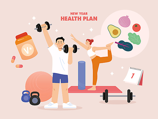 전신 여자 남자 분홍색 일러스트 새해 건강 성인 두명 운동 건강관리 헬스 필라테스 성인만 국내일러스트 AI파일 컬러 관리 사람 파일형식 벡터