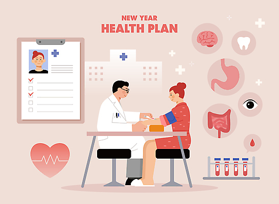 전신 여자 남자 분홍색 일러스트 새해 건강 병원 앉기 성인 두명 건강관리 의사 장기 건강검진 성인만 국내일러스트 AI파일 컬러 신체 의학 모션 관리 사람 의료진 검사_조사 파일형식 벡터