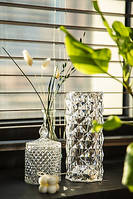 포토 JPG 꽃 유리병 나뭇잎 실내 사람없음 아웃포커스 꽃병 블라인드 창가 국내포토 식물 잎 창문 병_용기 촬영기법 내부 커튼 파일형식