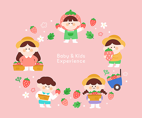 전신 여자 어린이교육 남자 어린이 분홍색 일러스트 딸기 프레임 웃음 들기 소녀 소년 여러명 바구니 체험학습 체험 챙모자 어린이만 국내일러스트 AI파일 모자_잡화 교육 컬러 다수 컨셉 과일 모션 표정 사람 파일형식 벡터