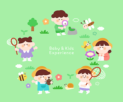 전신 여자 어린이교육 남자 어린이 곤충 일러스트 돋보기 프레임 미소 들기 소녀 소년 여러명 연두색 관찰 잡기 곤충채집 자연학습 채집망 어린이만 국내일러스트 AI파일 동물 교육 다수 모션 표정 사람 초록색 체험학습 수집 파일형식 벡터