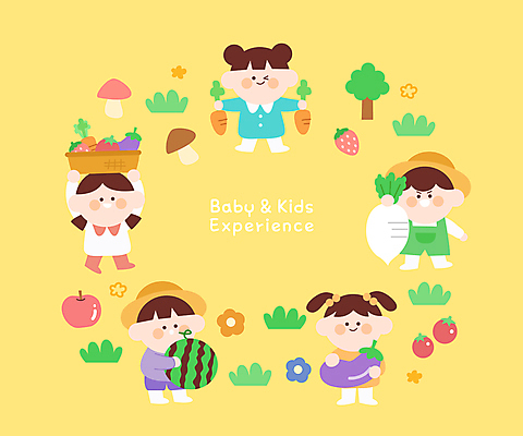 전신 여자 어린이교육 남자 어린이 채소 과일 일러스트 프레임 윙크 서기 들기 소녀 소년 여러명 노란색 체험 농촌체험 어린이만 들어올리기 국내일러스트 AI파일 교육 컬러 다수 컨셉 모션 표정 사람 체험학습 파일형식 벡터