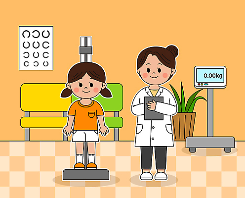 전신 여자 어린이교육 어린이 일러스트 병원 소녀 성인 두명 주황색 의사 기록 키재기 신체검사 진료기록부 여자만 국내일러스트 AI파일 교육 컬러 의학 사람 진료 의료진 측정 검사_조사 키_신체 파일형식 벡터