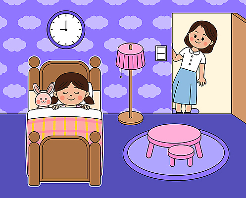 전신 여자 어린이교육 어린이 일러스트 엄마 소녀 성인 두명 눈감음 보라색 침대 잠 생활습관 여자만 국내일러스트 AI파일 교육 컬러 가구 가족 모션 사람 습관 파일형식 벡터