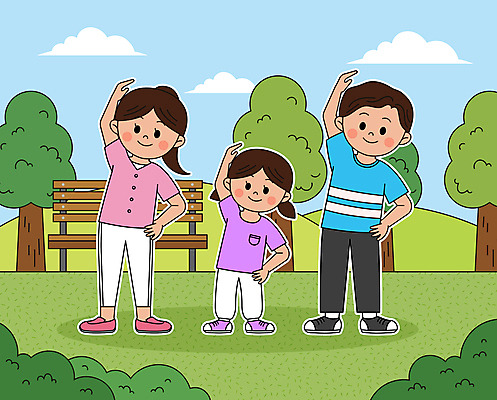 전신 공원 여자 어린이교육 남자 어린이 일러스트 가족 소녀 성인 세명 스트레칭 체조 국내일러스트 AI파일 공공시설 교육 관계 사람 운동 파일형식 벡터