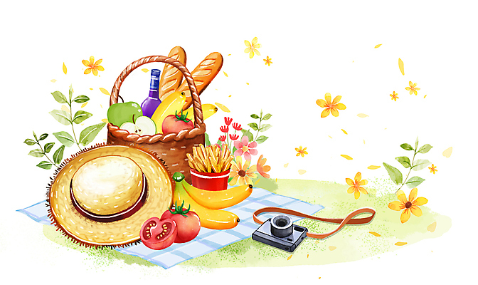 PSD 음식 일러스트 수채화 사람없음 소풍 바구니 카메라 봄 돗자리 밀짚모자 봄배경 국내일러스트 모자_잡화 계절 백그라운드 전자제품 야외활동 파일형식