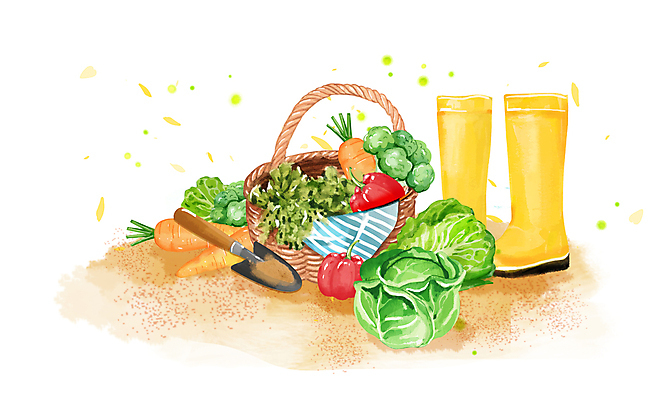 PSD 밭 채소 일러스트 수채화 장화 사람없음 바구니 봄 모종삽 봄배경 국내일러스트 계절 백그라운드 신발 농업 삽 파일형식