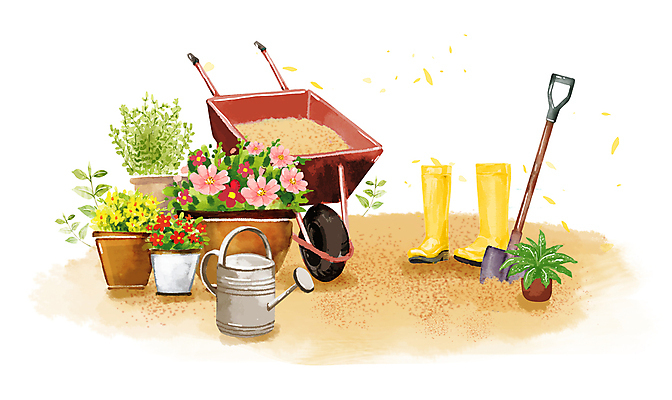PSD 꽃 화분 일러스트 수채화 사람없음 수레 봄 원예 원예용품 봄배경 국내일러스트 식물 계절 생활용품 백그라운드 취미 카트 파일형식