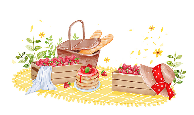 PSD 빵 일러스트 딸기 수채화 사람없음 상자 봄 돗자리 팬케이크 소풍바구니 챙모자 봄배경 국내일러스트 모자_잡화 계절 음식 백그라운드 과일 바구니 케이크 파일형식
