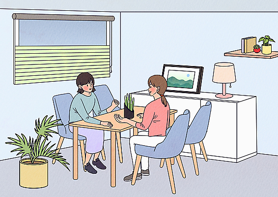 전신 여자 화분 가구 일러스트 대화 앉기 손짓 성인 두명 성인여자만 심리치료 심리상담 마음건강 국내일러스트 AI파일 생활용품 모션 말하기 사람 치료 마음 상담 심리 여자만 성인만 파일형식 벡터