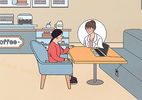 전신 여자 일러스트 대화 앉기 상반신 성인 두명 노트북 카페 환자 의사 극복 화상통화 원격의료 성인여자만 심리치료 비대면서비스 심리상담 마음건강 국내일러스트 AI파일 의학 모션 말하기 사람 치료 전자제품 상점 진료 의료진 마음 서비스 상담 통화 심리 원격 여자만 성인만 파일형식 벡터 언택트