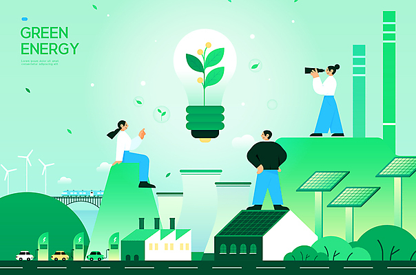 전신 여자 남자 허리손 일러스트 전구 공장 서기 들기 앉기 성인 세명 초록색 새싹 망원경 가리킴 관찰 그린에너지 에코 친환경 집열판 재생에너지 전기자동차 성인만 국내일러스트 에너지의날 AI파일 식물 기념일 컬러 포즈 공업 모션 자동차 사람 손짓 환경 에너지 태양에너지 파일형식 벡터