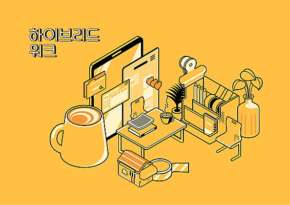 화분 커피 의자 일러스트 주택 사람없음 노란색 스크린 사무용품 하트 메모지 책상 오브젝트 문서 테이프 재택근무 아이소메트릭 서류집게 하이브리드근무 국내일러스트 AI파일 모양 음료 컬러 가구 비즈니스 문구용품 집게 건물 파일형식 벡터