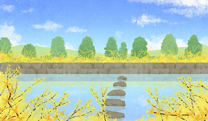 PSD 나무 일러스트 하늘 풍경 사람없음 강 봄풍경 봄 개나리 징검다리 국내일러스트 식물 계절 꽃 다리_건축물 파일형식