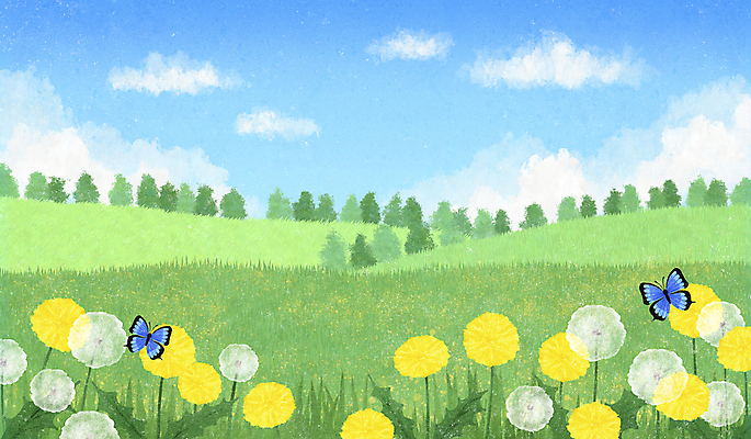 PSD 나비 꽃밭 일러스트 자연 풍경 사람없음 봄풍경 봄 민들레 국내일러스트 계절 꽃 곤충 생태계 파일형식