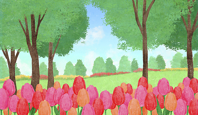 PSD 나무 꽃밭 일러스트 자연 풍경 사람없음 봄풍경 봄 튤립 국내일러스트 식물 계절 꽃 생태계 파일형식