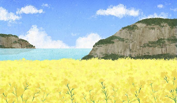 PSD 바다 꽃밭 일러스트 자연 풍경 사람없음 봄풍경 봄 바위 유채 국내일러스트 계절 꽃 돌_바위 생태계 파일형식