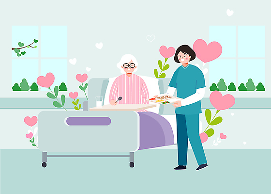 전신 여자 노년 일러스트 병원 들기 상반신 성인 두명 기댐 환자 간호사 침대 요양 요양원 식판 요양보호사 돌봄 여자만 국내일러스트 AI파일 직업 가구 의학 모션 사람 의료진 간호 파일형식 벡터