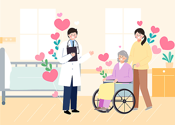 여자 노년 남자 일러스트 병원 앉기 성인 세명 노란색 진료 간호사 의사 잡기 휠체어 요양 요양원 요양보호사 돌봄 돌보미 국내일러스트 AI파일 직업 컬러 의학 모션 사람 의료진 간호 파일형식 벡터