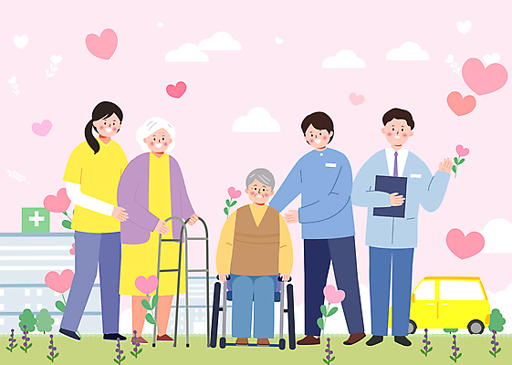 전신 여자 노년 남자 분홍색 일러스트 서기 앉기 여러명 성인 손들기 잡기 휠체어 요양 요양원 요양보호사 돌봄 국내일러스트 AI파일 직업 컬러 다수 모션 사람 간호 파일형식 벡터
