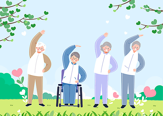 전신 여자 노년 남자 일러스트 앉기 여러명 운동 스트레칭 휠체어 체조 요양 요양원 노후건강 노인만 국내일러스트 AI파일 다수 모션 건강 사람 성인 노후 간호 성인만 파일형식 벡터