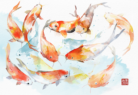PSD 상징 일러스트 수채화 사람없음 물 꿈 잉어 상징물 국내일러스트 자연요소 어류 파일형식