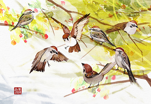 PSD 상징 일러스트 수채화 사람없음 꿈 나뭇가지 참새 상징물 국내일러스트 나무 조류 파일형식