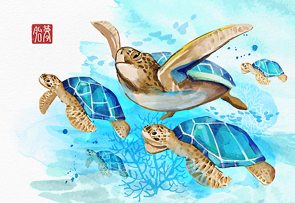 PSD 바다 상징 하늘색 일러스트 수채화 사람없음 꿈 상징물 바다거북 국내일러스트 파란색 거북이 파일형식