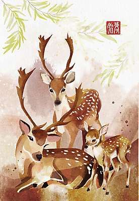 PSD 상징 일러스트 사슴 수채화 사람없음 갈색 꿈 상징물 꽃사슴 국내일러스트 컬러 포유류 파일형식