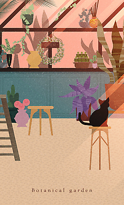 꽃 화분 백그라운드 잎 일러스트 사다리 사람없음 노을 고양이 원예 식물원 온실 보테니컬아트 국내일러스트 AI파일 자연요소 식물 포유류 취미 반려동물 도구 파일형식 벡터