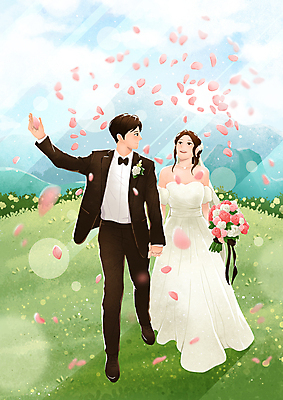 전신 PSD 여자 남자 꽃잎 꽃 신부 웨딩드레스 신랑 일러스트 결혼식 날리기 사랑 정장 턱시도 성인 두명 걷기 손잡기 로맨틱 성인만 흩날리기 국내일러스트 식물 드레스 옷 감정 결혼 컨셉 모션 사람 파일형식