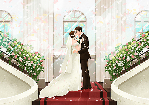 전신 PSD 여자 남자 꽃 신부 웨딩드레스 신랑 일러스트 결혼식 키스 사랑 정장 턱시도 성인 두명 마주보기 로맨틱 성인만 국내일러스트 식물 드레스 옷 감정 결혼 컨셉 모션 사람 애정표현 파일형식