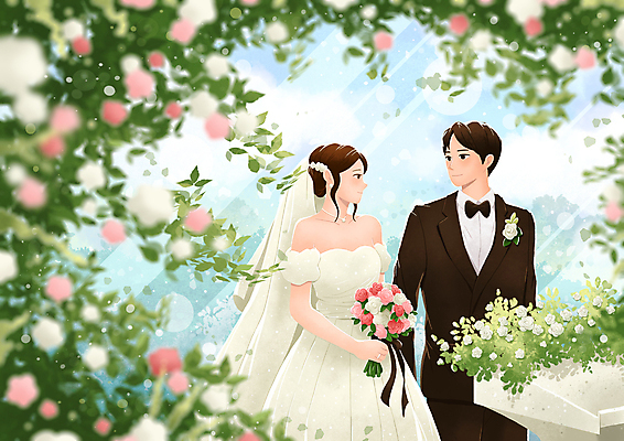 PSD 여자 남자 꽃 신부 부케 웨딩드레스 신랑 일러스트 결혼식 사랑 들기 정장 턱시도 상반신 성인 두명 마주보기 로맨틱 성인만 국내일러스트 식물 드레스 옷 감정 꽃다발 결혼 컨셉 모션 사람 파일형식