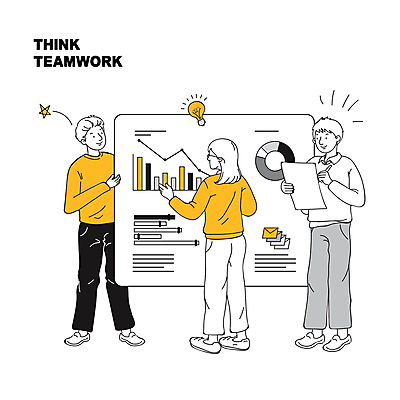 전신 여자 남자 일러스트 비즈니스 그래프 협력 설명 성인 세명 노란색 검은색 기록 토론 성인만 국내일러스트 AI파일 컬러 모션 사람 파일형식 벡터