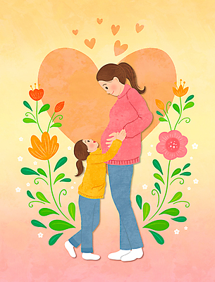 PSD 여자 꽃 딸 어린이 일러스트 엄마 소녀 성인 두명 노란색 마주보기 임산부 임신 하트 그라데이션 파스텔톤 여자만 국내일러스트 모양 식물 컬러 가족 모션 사람 파일형식