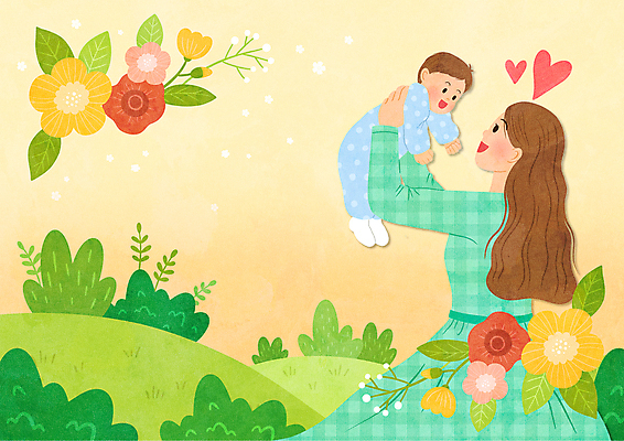 전신 PSD 여자 남자 꽃 일러스트 안기 엄마 상반신 성인 두명 노란색 아기 출산 파스텔톤 들어올리기 국내일러스트 식물 컬러 가족 모션 사람 파일형식