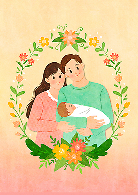 PSD 여자 남자 꽃 일러스트 가족 안기 프레임 상반신 성인 세명 노란색 화목 아기 그라데이션 파스텔톤 국내일러스트 식물 컬러 컨셉 관계 모션 사람 파일형식