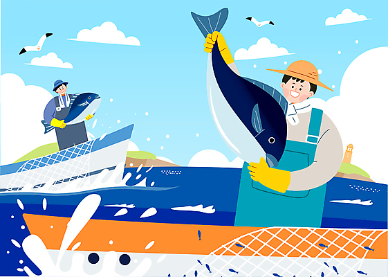 남자 바다 하늘색 일러스트 어류 들기 상반신 성인 두명 어선 어부 어촌 성인남자만 수산인의날 국내일러스트 AI파일 직업 배_교통 모션 사람 파란색 수중동물 시골 남자만 성인만 파일형식 벡터 법정기념일