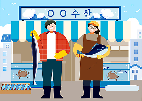 전신 여자 남자 하늘색 일러스트 어류 들기 성인 두명 상점 상인 수산시장 성인만 국내일러스트 AI파일 모션 사람 파란색 수중동물 시장 파일형식 벡터