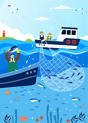 남자 바다 하늘색 일러스트 낚시 어류 들기 상반신 성인 세명 그물 어선 어부 어촌 성인남자만 수산인의날 국내일러스트 AI파일 직업 배_교통 모션 레저 사람 파란색 수중동물 시골 남자만 성인만 파일형식 벡터 법정기념일