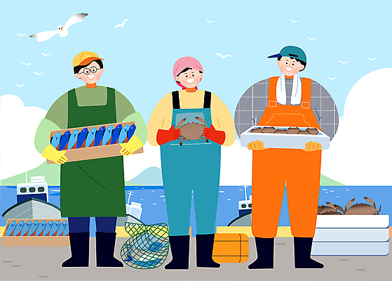 전신 여자 남자 일러스트 어류 들기 성인 세명 상자 항구 게 어부 어촌 성인만 수산인의날 국내일러스트 AI파일 직업 교통시설 모션 갑각류 사람 수중동물 시골 파일형식 벡터 법정기념일