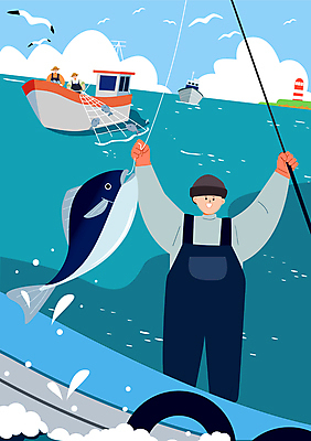 남자 하늘색 일러스트 낚시 어류 들기 상반신 성인 세명 만세 어부 어촌 성인남자만 수산인의날 국내일러스트 AI파일 직업 모션 레저 사람 파란색 수중동물 시골 남자만 성인만 파일형식 벡터 법정기념일