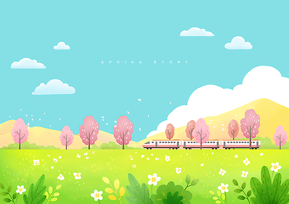 PSD 나무 꽃잎 일러스트 자연 하늘 풍경 초원 사람없음 봄 기차 벚꽃 국내일러스트 식물 계절 꽃 육상교통 대중교통 생태계 파일형식