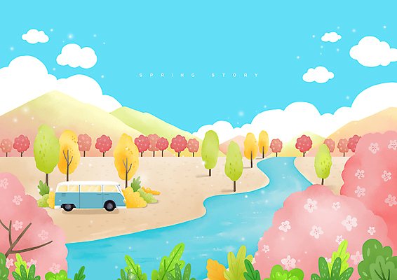 PSD 나무 일러스트 풍경 사람없음 봄 캠핑 벚꽃 개울 캠핑카 국내일러스트 식물 계절 꽃 자동차 레저 강 파일형식