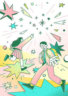 전신 학생 여자 남자 교복 분홍색 일러스트 청소년 두명 반짝임 달리기 가리킴 손내밀기 역동적 십대만 국내일러스트 AI파일 옷 컬러 컨셉 모션 사람 손짓 파일형식 벡터