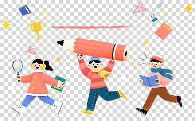 전신 편집이미지 여자 남자 어린이 겨울 돋보기 들기 누끼 소녀 소년 책 세명 달리기 연필 겨울옷 PNG 어린이만 옷 계절 모션 학용품 사람 필기구 파일형식