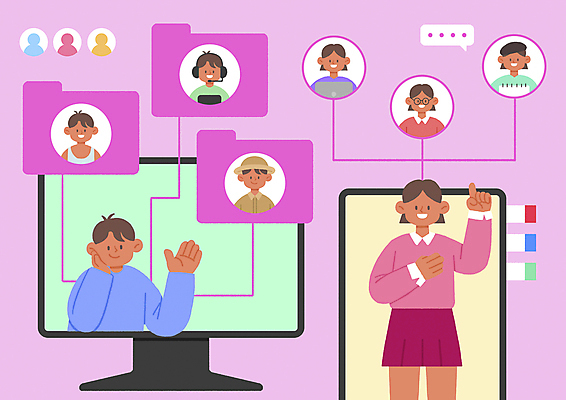 PSD 여자 남자 일러스트 모바일 손짓 여러명 상반신 성인 모니터 턱괴기 폴더 손인사 인덱스 소셜네트워크 프로필 성인만 인간관계 국내일러스트 다수 관계 모션 사람 컴퓨터 인사 파일 파일형식