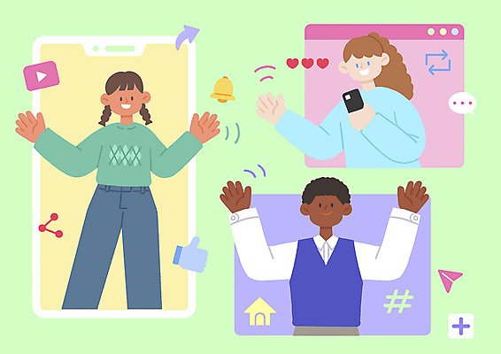 PSD 여자 남자 일러스트 대화 들기 상반신 성인 세명 스마트폰 손인사 인덱스 공유 소통 친목 성인만 인간관계 언택트 국내일러스트 컨셉 관계 모션 말하기 사람 핸드폰 스마트기기 인사 파일형식