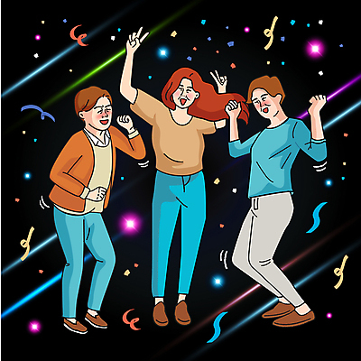 전신 여자 남자 행복 일러스트 성인 세명 반짝임 주먹 춤 즐거움 브이 코믹 꽃가루 카툰스타일 성인만 국내일러스트 AI파일 감정 모션 문화예술 사람 손짓 가루 파일형식 벡터